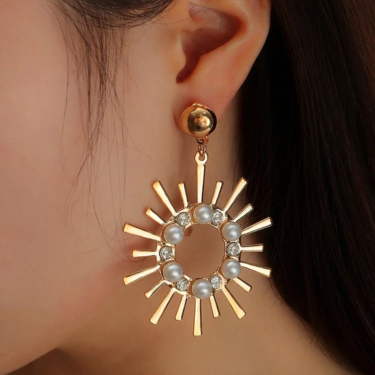 Sunflower Alloy Diamond and Pearl Retro Style Earrings-Accessories