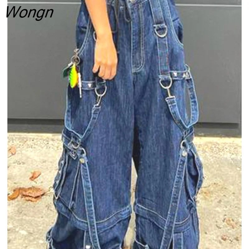 Wongn Streetwear Blue Cargo Wide Leg Jeans Women Low Waist Hip Hop Korean Fashion Denim Trousers Vintage Bondage Baggy Pants
