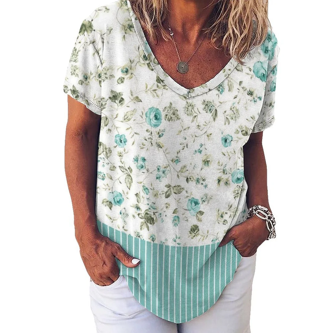 V-neck Short Sleeve Casual T-shirt for  Women Printed with Pattern Floral, Blue, Striped