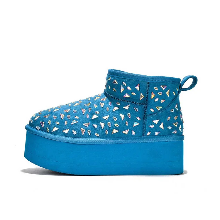 FSJ Faux Fur Flat Platform Booties Rhinestone Lined Snow Boots in Blue |FSJ Shoes