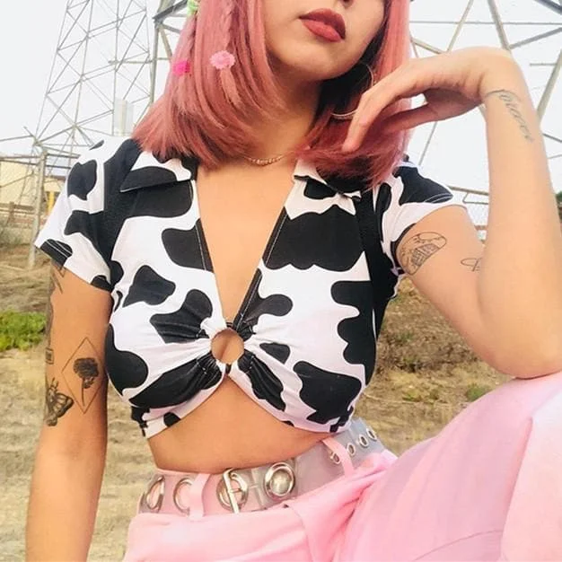 Ring Hollow Out Cow Prints Crop Top SP13692