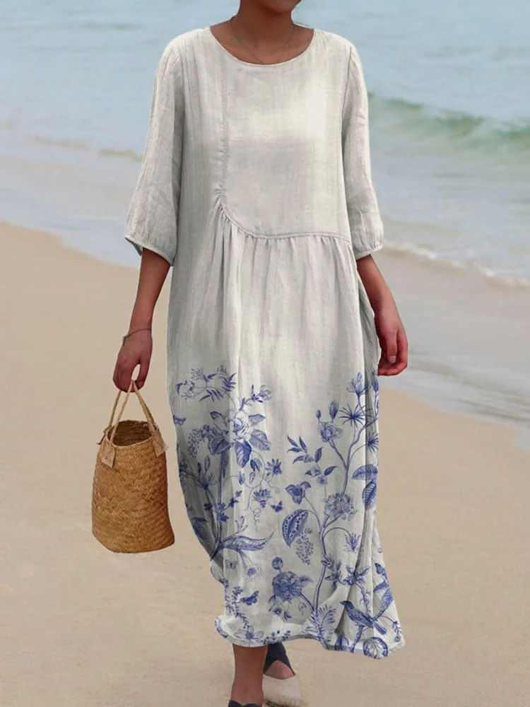 Women's Vintage Floral Art Print Pocket Cotton Dress