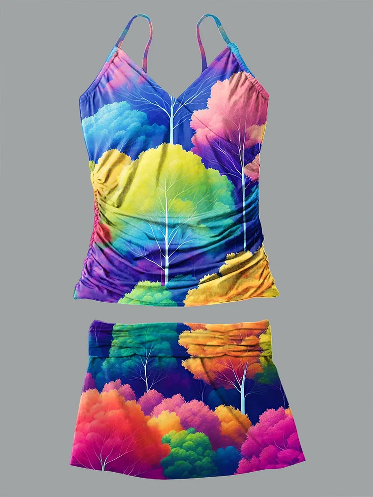 Colorful Forest Pattern Art Print Sling Bikini V Neck Set Swimsuit