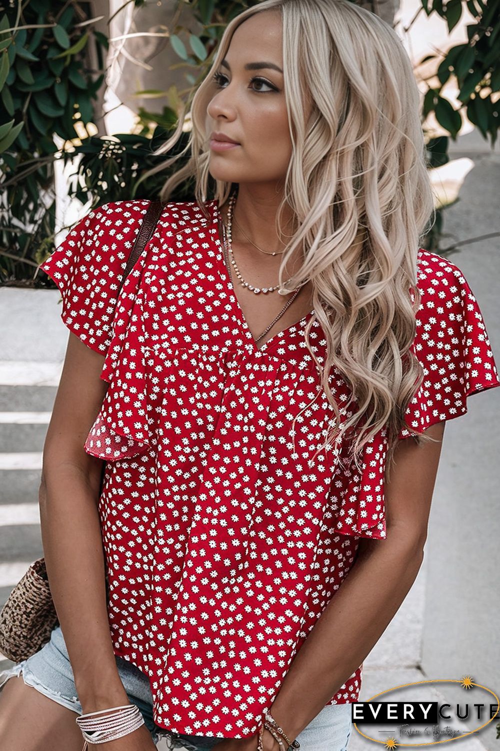 Red Floral Print Ruffle Sleeve Blouse