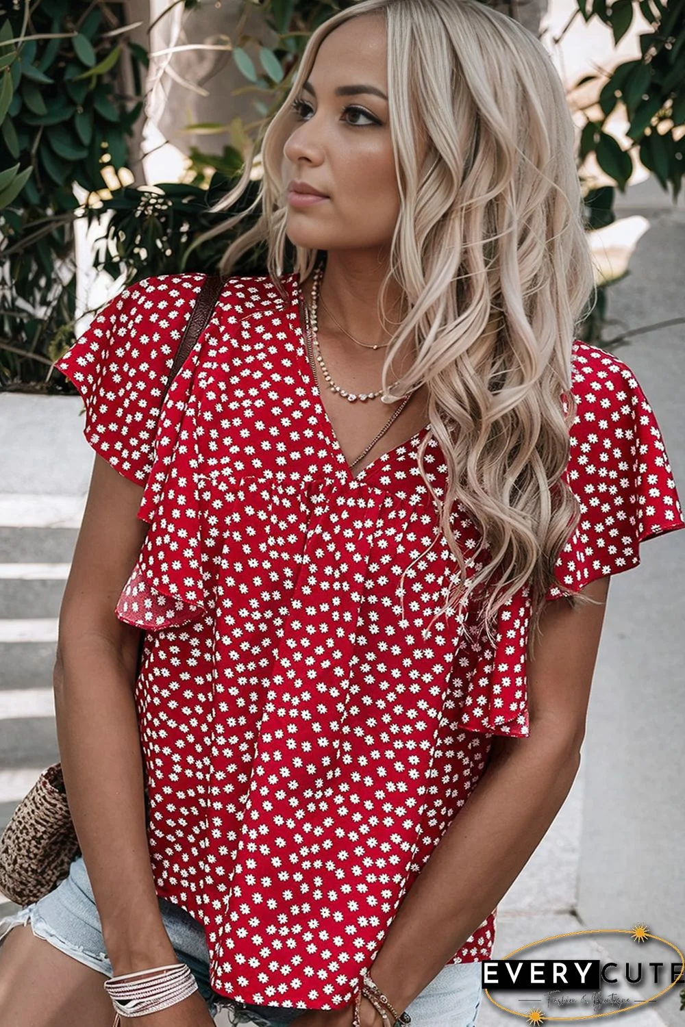 Red Floral Print Ruffle Sleeve Blouse