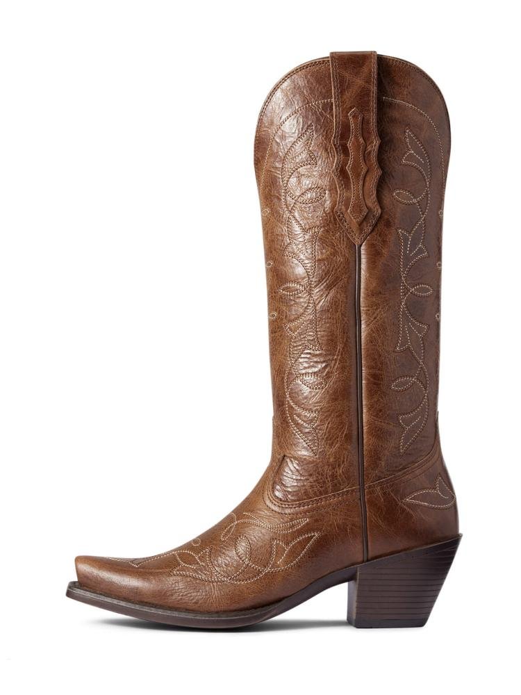 Brown Cowboy Boots Women Embroidered Snip Toe Slanted Heel Western Mid Calf Boots
