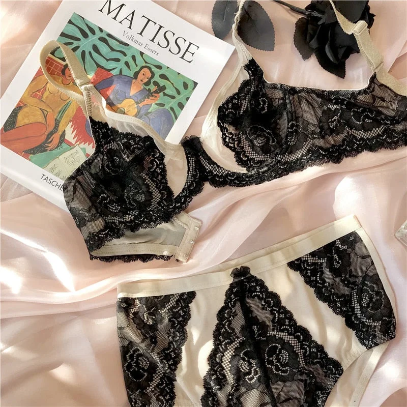 Wriufred Perspective embroidery light luxury bralette ultra-thin lace sexy big breasts underwear soft cup comfortable bra set