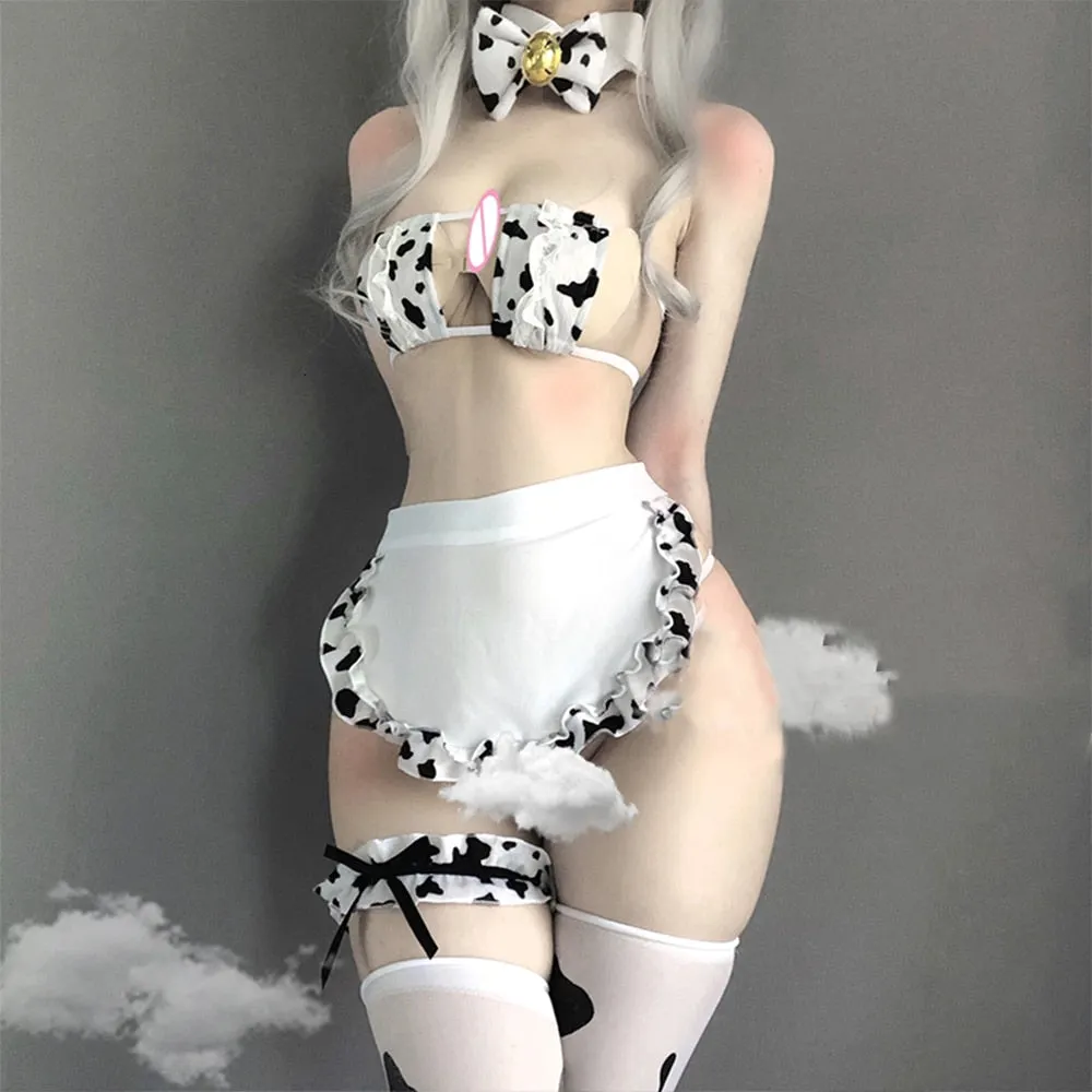 New Cos Cow Cosplay Costume Maid Tankini Bikini Swimsuit Anime Girls Swimwear Clothing Lolita Bra and Panty Set Stockings