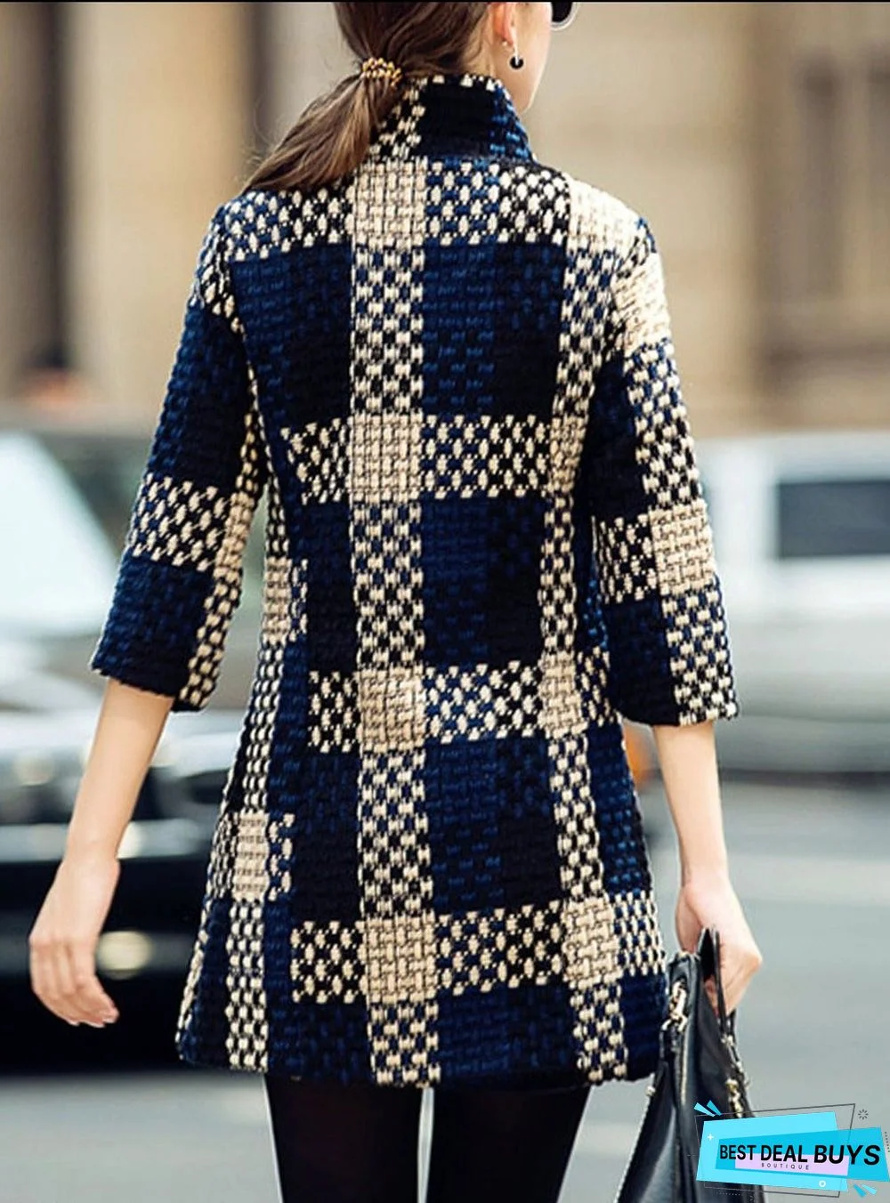 High Neck Slit Pocket Checkered Coats
