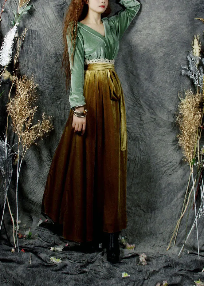Green Solid Patchwork Cotton Long Dress Zippered Fall QE010