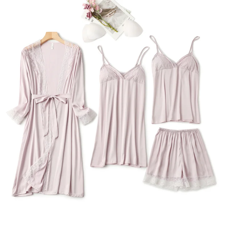4PCS Women Pajamas Set Satin Summer Sleepwear With Lace Casual Kimono Bathrobe Gown  PJS Lingerie Loose V-Neck Nightwear
