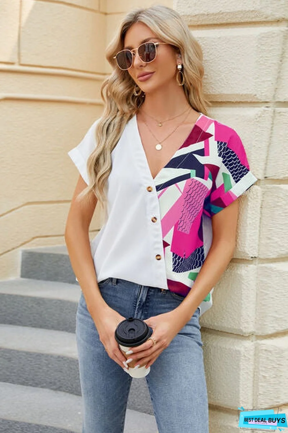 Printed Surplice Short Sleeve Blouse