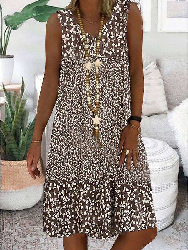 Mature Women Summer V-neck Small Floral Print Sleeveless Dress
