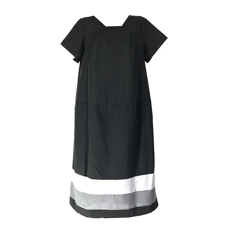 Vintage Stripe Colorblock Pocket Loose Linen Dress  - Modakawa Modakawa