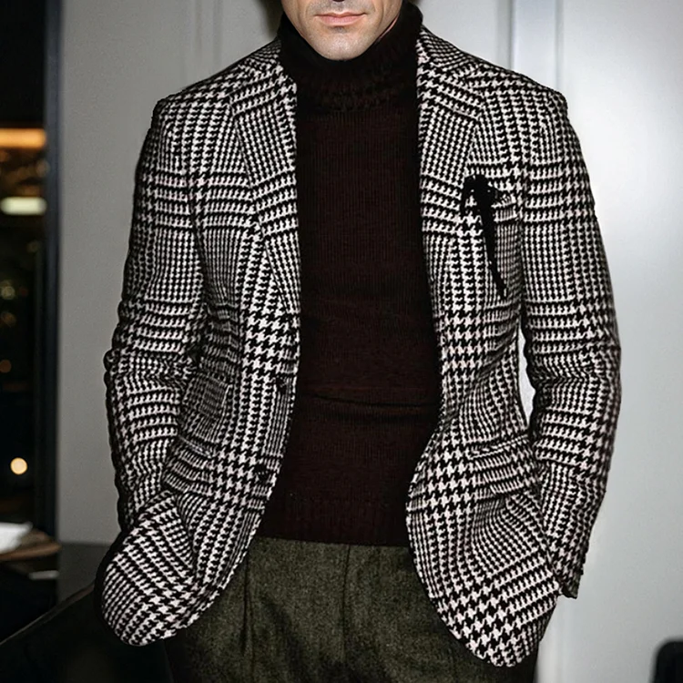 Okaywear Houndstooth Pattern Single Breasted Casual Blazer Okaywear