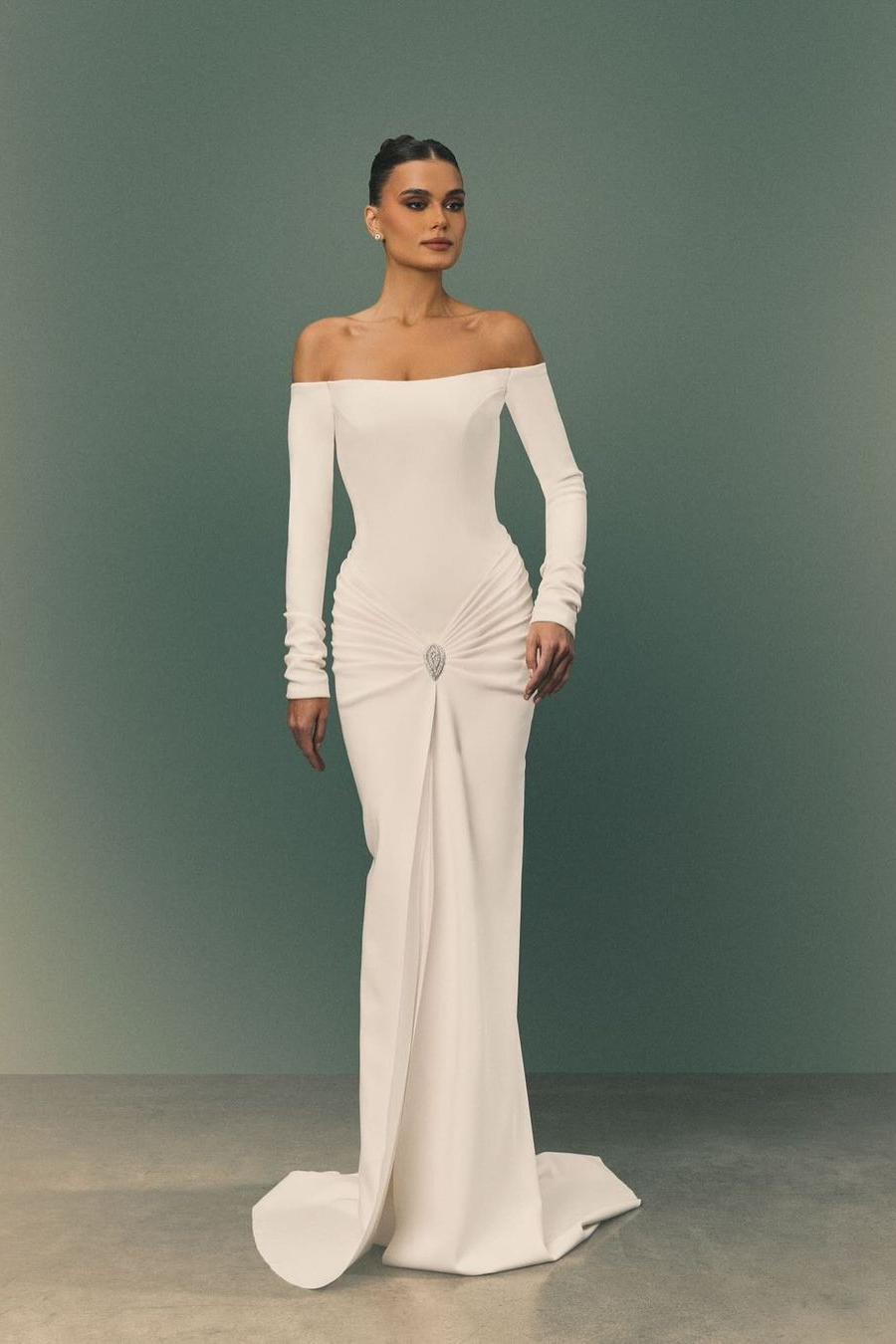 Simple White Satin Off the Shoulder Long Sleeves Prom Dress with Rhinestone | MS0279 