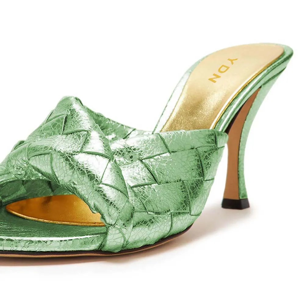 Mint Green Cracked Vegan Leather Woven Spool Heel Mules for Women