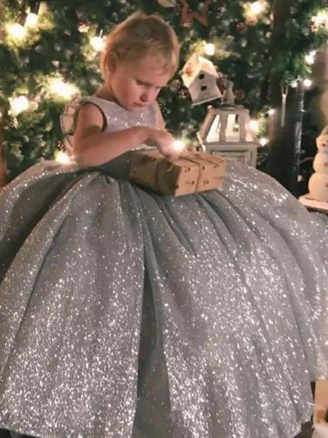 Oknass Ball Gown Sleeveless Jewel Neck Flower Girl Dresses Lace Organza  With Bow Ruffles  Paillette