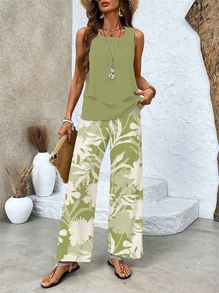 Women's Sleeveless Square Collar Floral Printed Casual Set