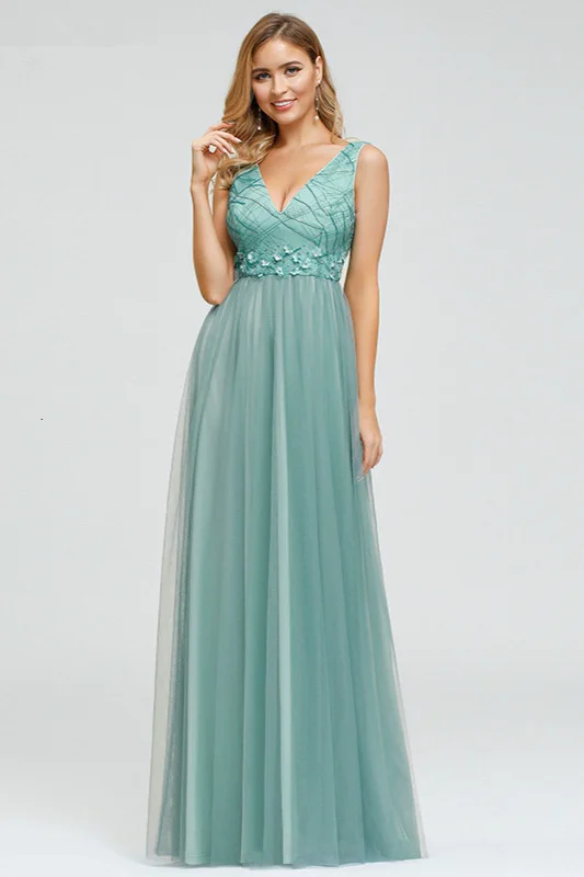 elegant v-neck sleeveless long tulle prom dress