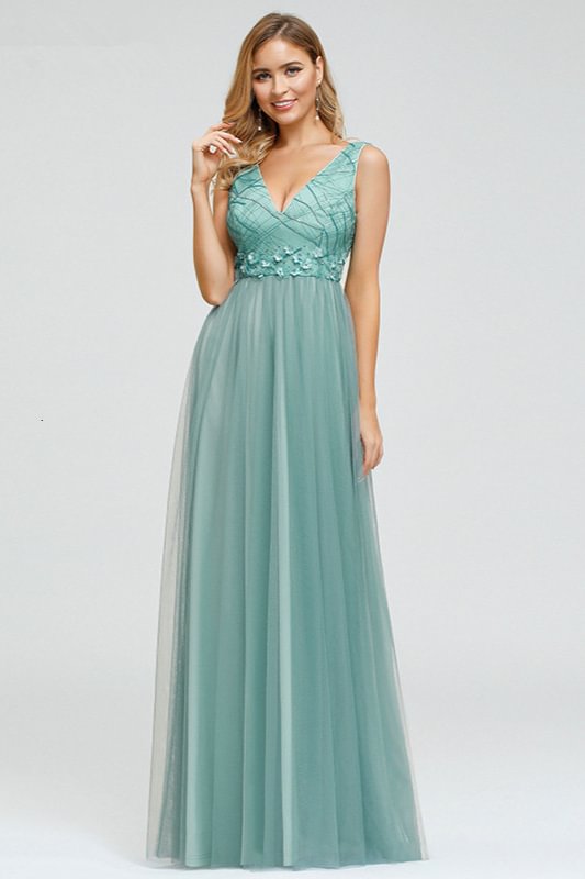 Elegant V-Neck Sleeveless Long Evening Gowns Tulle With Appliques - lulusllly