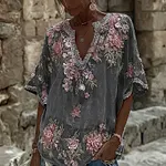 Women's Spring Floral Embroidered Art Print Flowy Linen Blend Casual Tops - Image 5