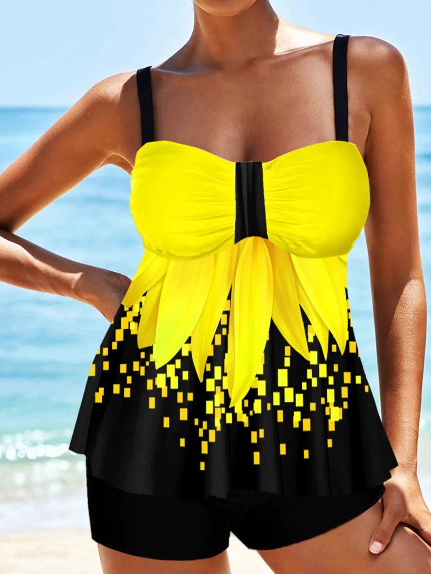 Plus Size Swimwear Sleeveless Graphic Printed Tankini