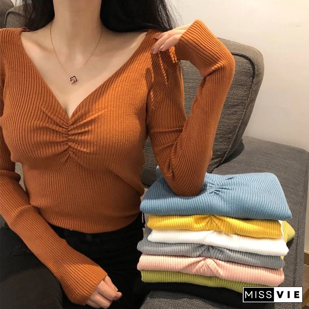 Fall Sexy V Neck Sweater And Pullover Women Slim Fit Long Sleeve Knitted Tops Female Korean Fashion Solid Color Soft Jumper