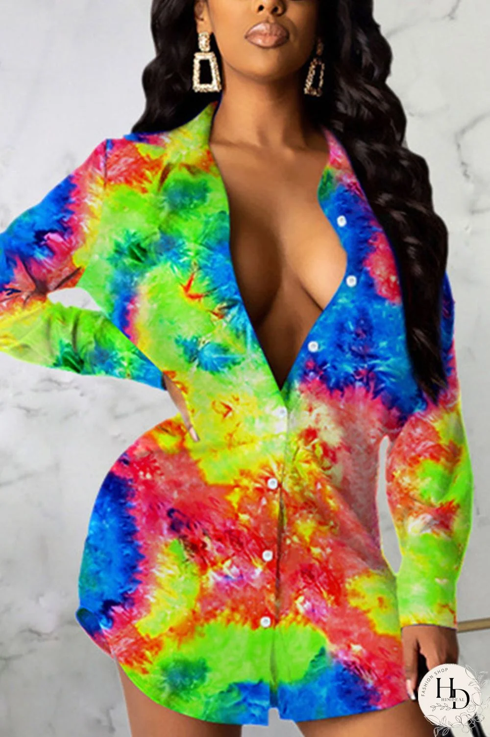 multicolor Sexy Print Split Joint Turndown Collar Pencil Skirt Dresses