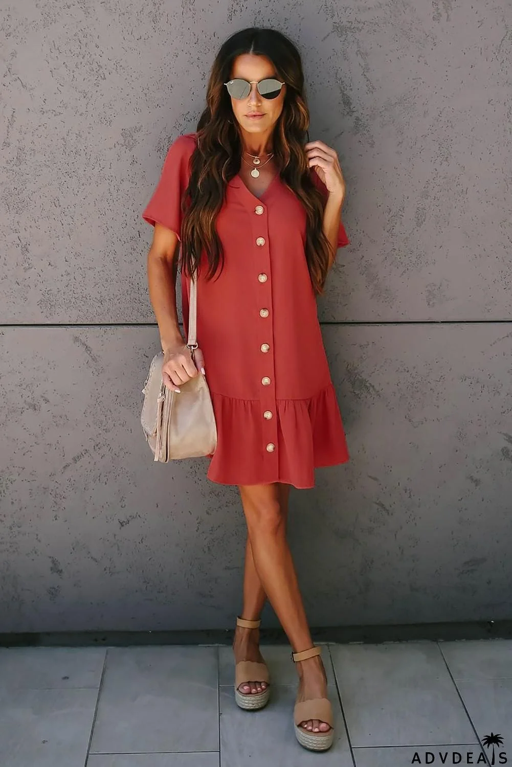 Pocketed Button Ruffle Dress