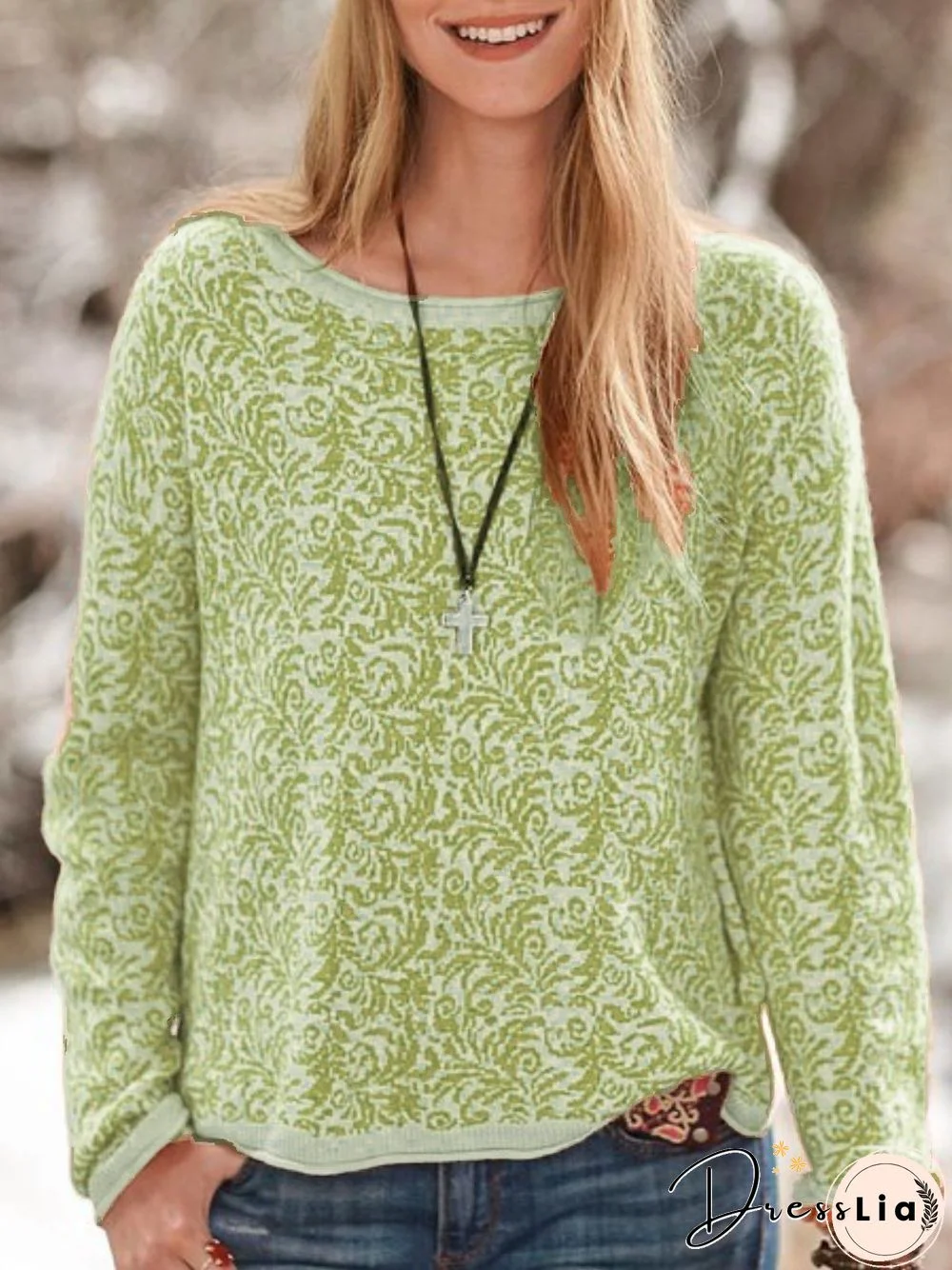 Orange Cotton-Blend Round Neck Long Sleeve Printed Tops