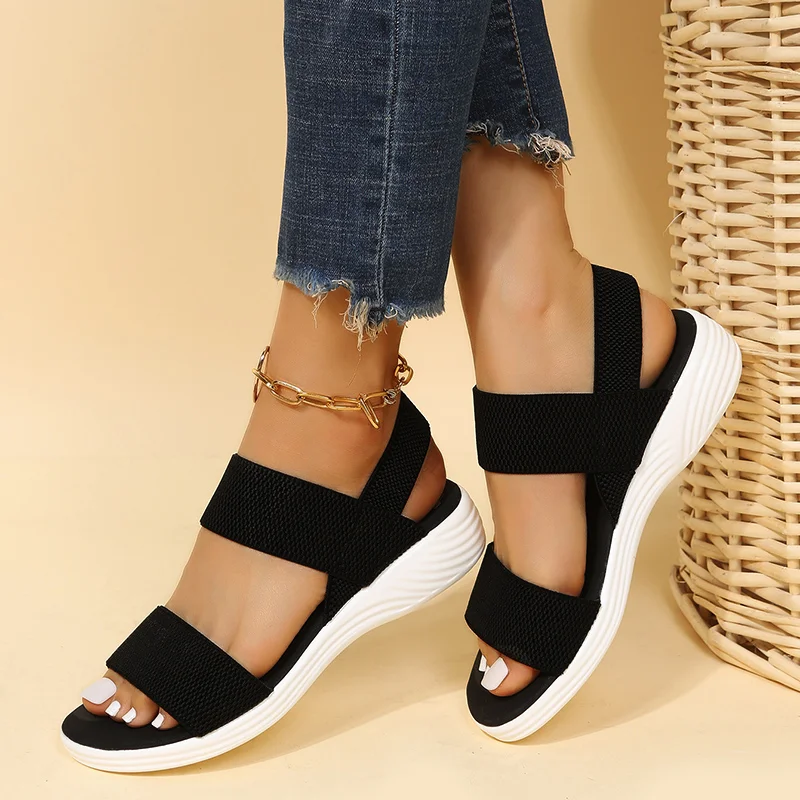 Zhungei and Comfortable All-match Hollow Elastic Band Buckle Trifle Bottom Women's Sandals Solid Color Plus Size Women's Sandals