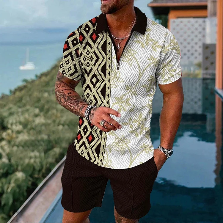 Broswear Geometric Floral Patchwork Polo Shirt And Shorts Co-Ord