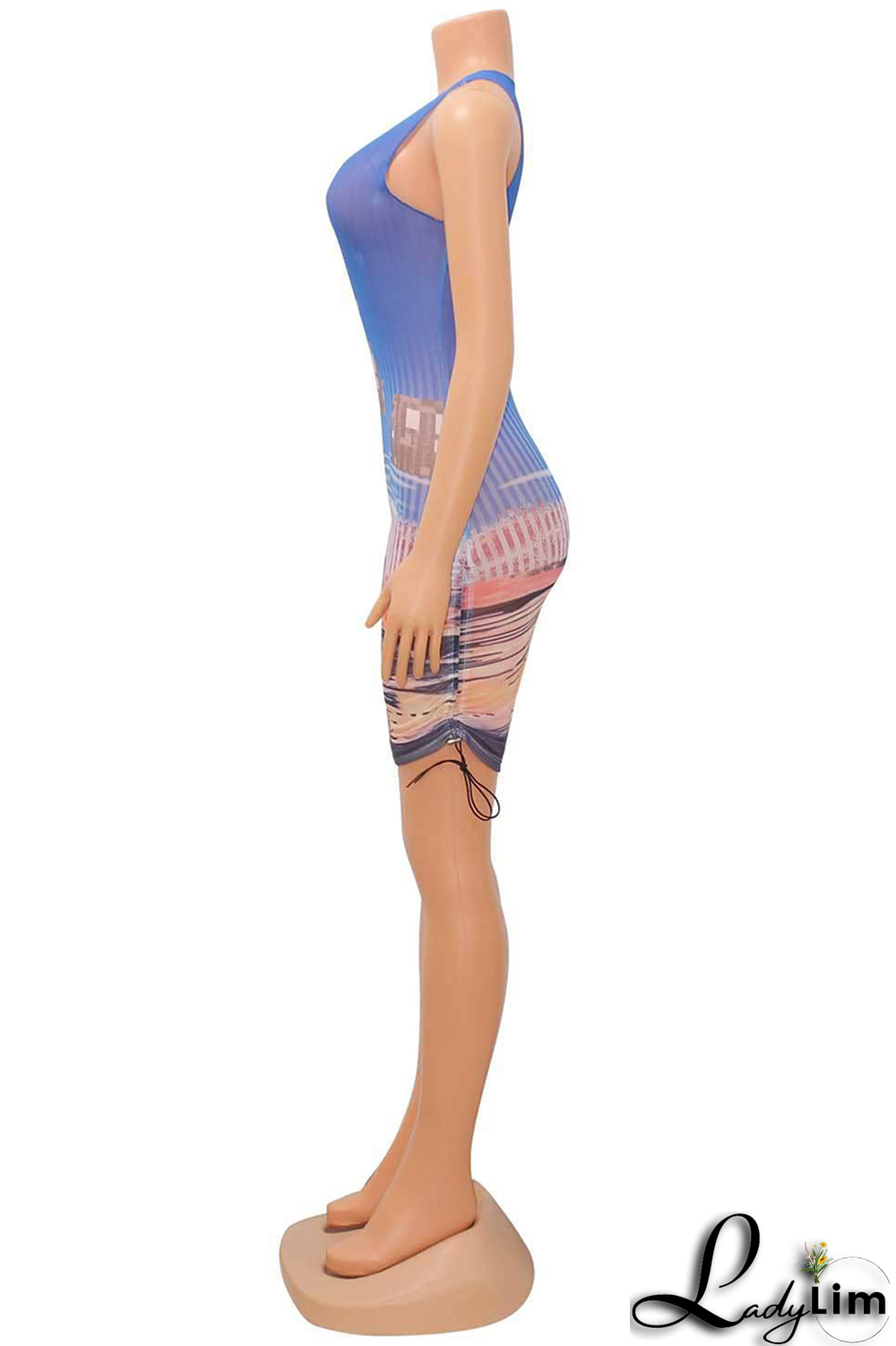 Blue Sexy Print Patchwork O Neck Pencil Skirt Dresses