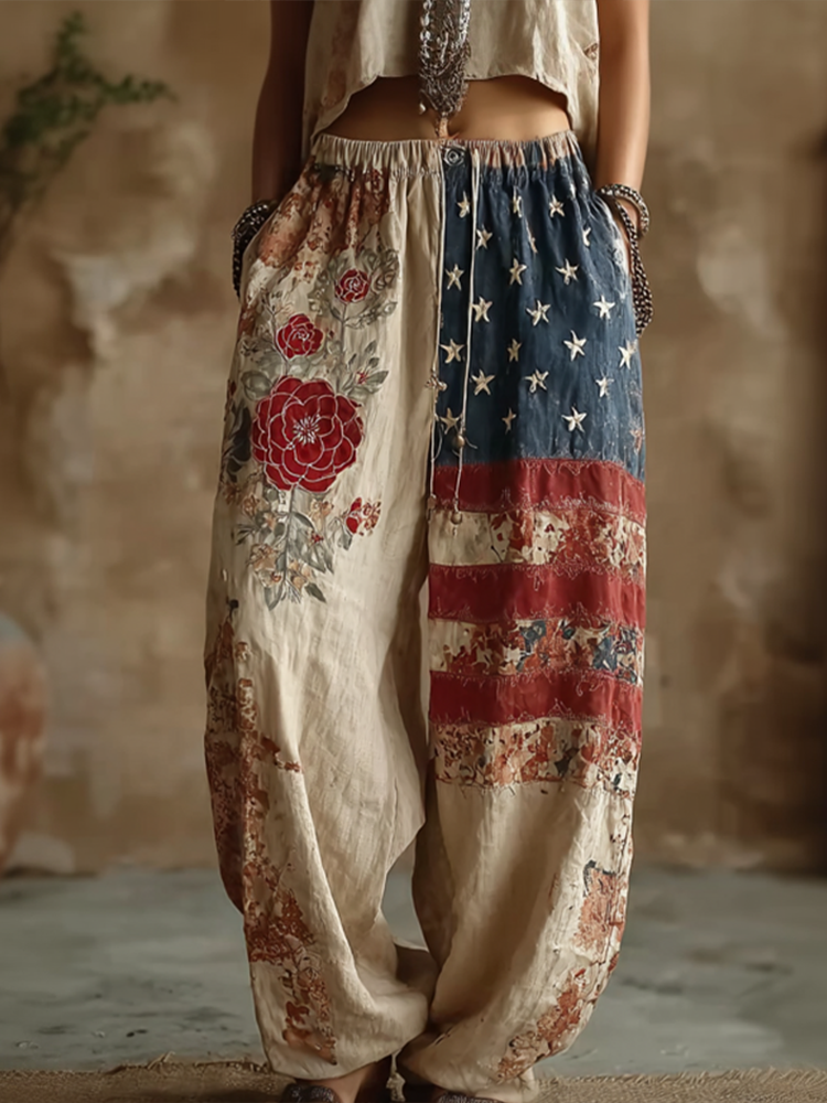  Women's American Flag Elements And Flower Embroidery Pattern Design Retro Leisure Linen Long Pants Westsshops