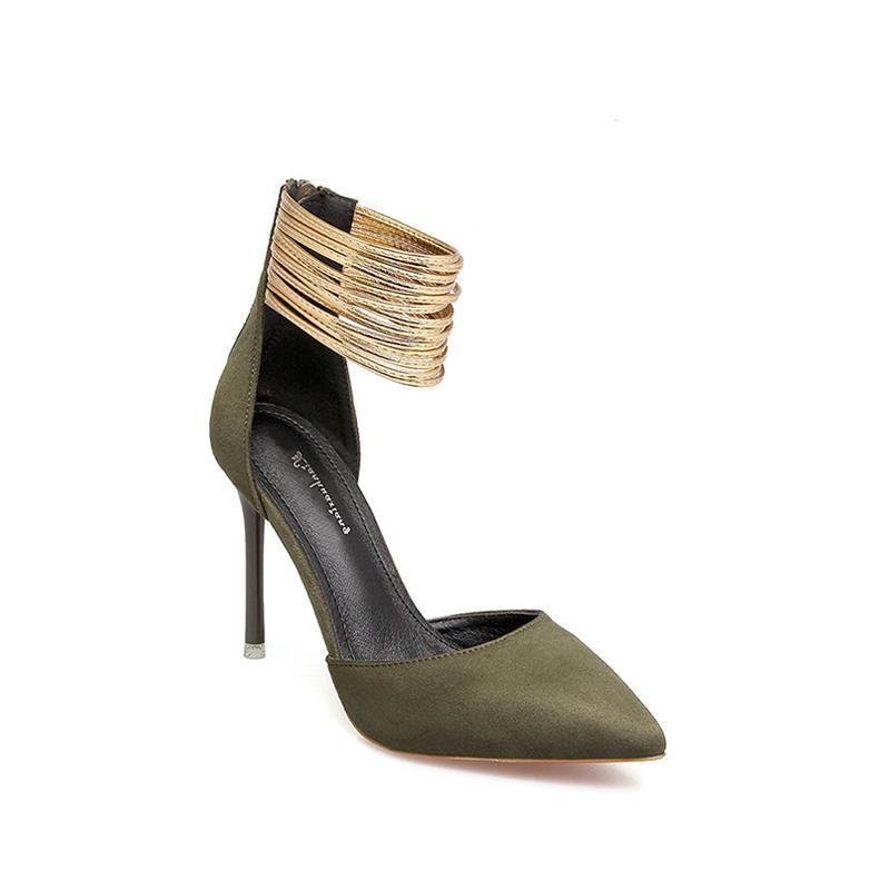 Metal Straps Hollow Out Roman Green Heels For Women