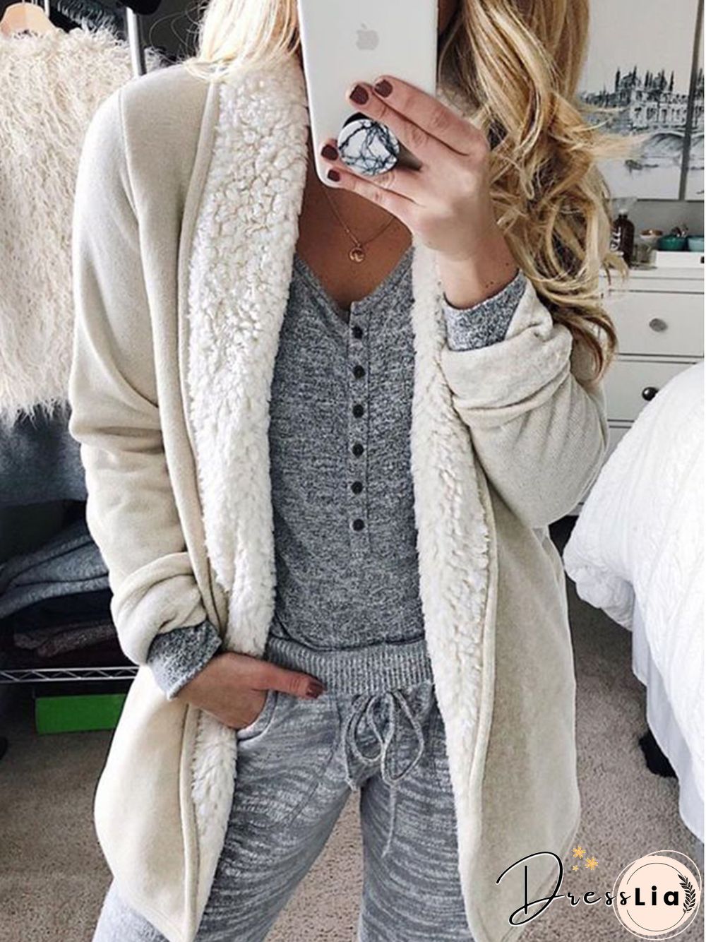 Women Casual Winter Solid Cotton-Blend Mid-weight Daily Casual Long sleeve Shawl Collar Jacket