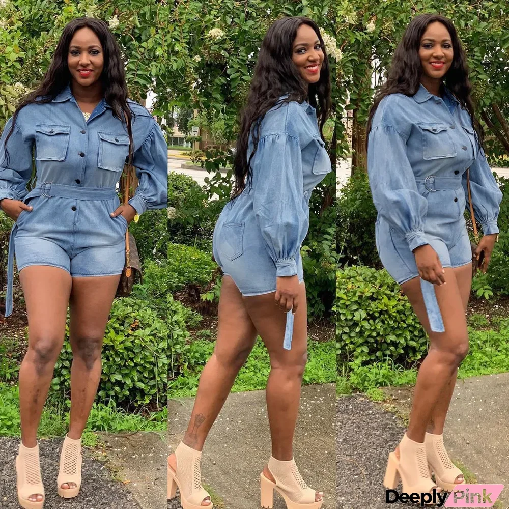 Plus Size Denim Long Sleeve Button Belted Jeans Playsuit