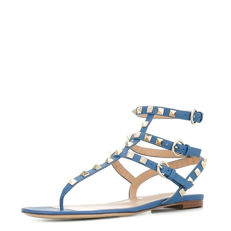 Blue Flat Studded Sandals Vintage Gladiator Thong Sandals |FSJ Shoes