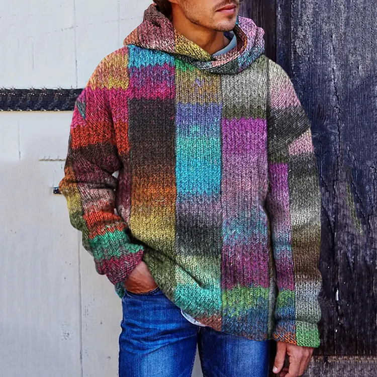 Men's Vintage Plaid Colorful Patchwork Cozy Hooded Sweater