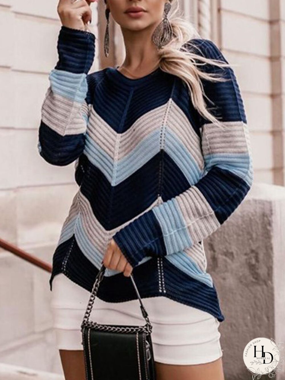 Contrast Color Long Sleeve V-neck Pullover Knit Sweater