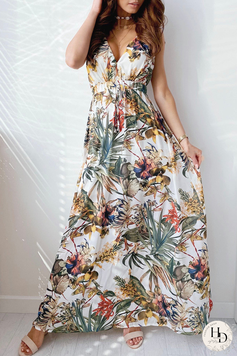 Casual Print Split Joint V Neck Waist Skirt Dresses