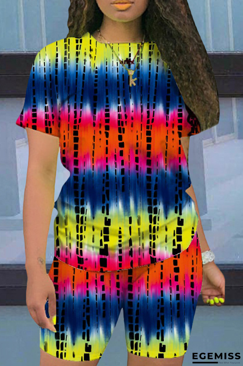 Yellow Casual Print Patchwork O Neck Short Sleeve Two Pieces | EGEMISS