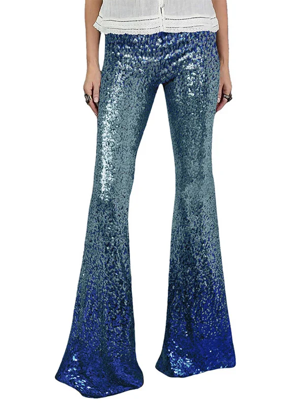 Contrast Color Gradient Sequined Shiny Flared Pants Skinny Leg Pants Bottoms