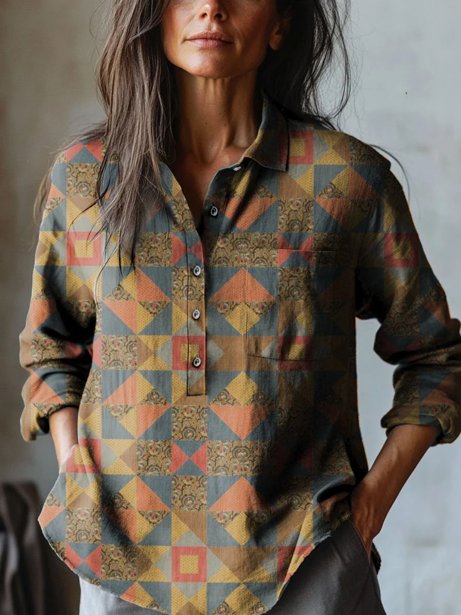 Women's Abstract Geometric Retro Art Print Casual Cotton And Linen Shirt