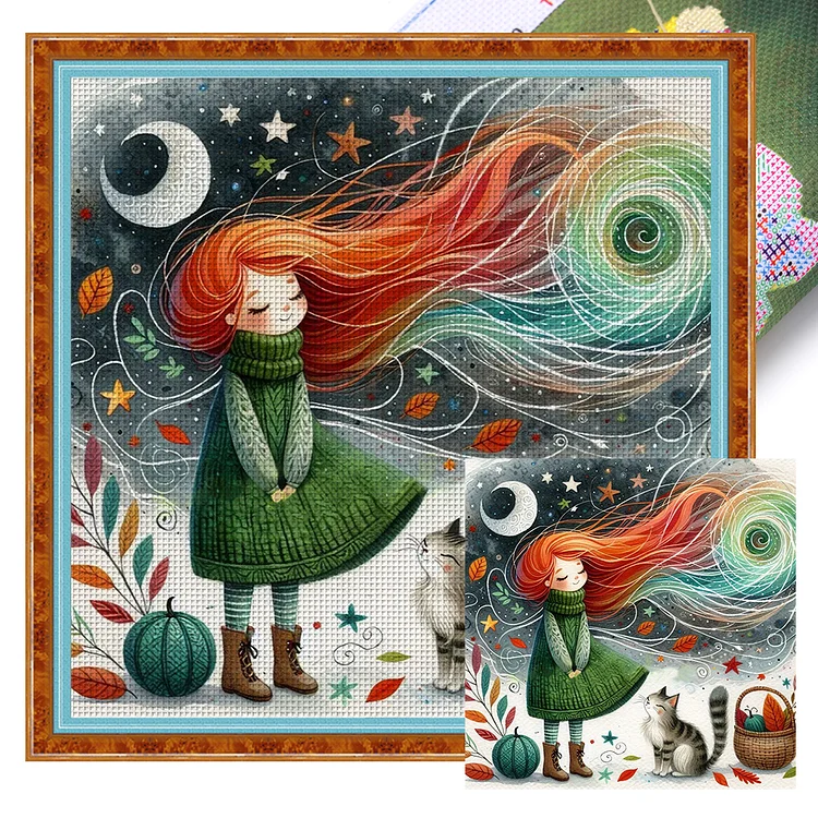 Red-Haired Girl And Cat (50*50cm) 11CT Stamped Cross Stitch gbfke