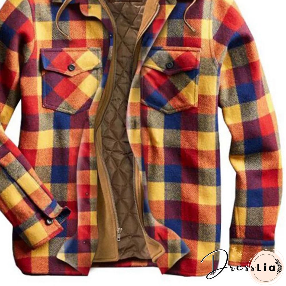 Men's Casual Plaid Color Plaid Jacket Hooded Fake Two Coats