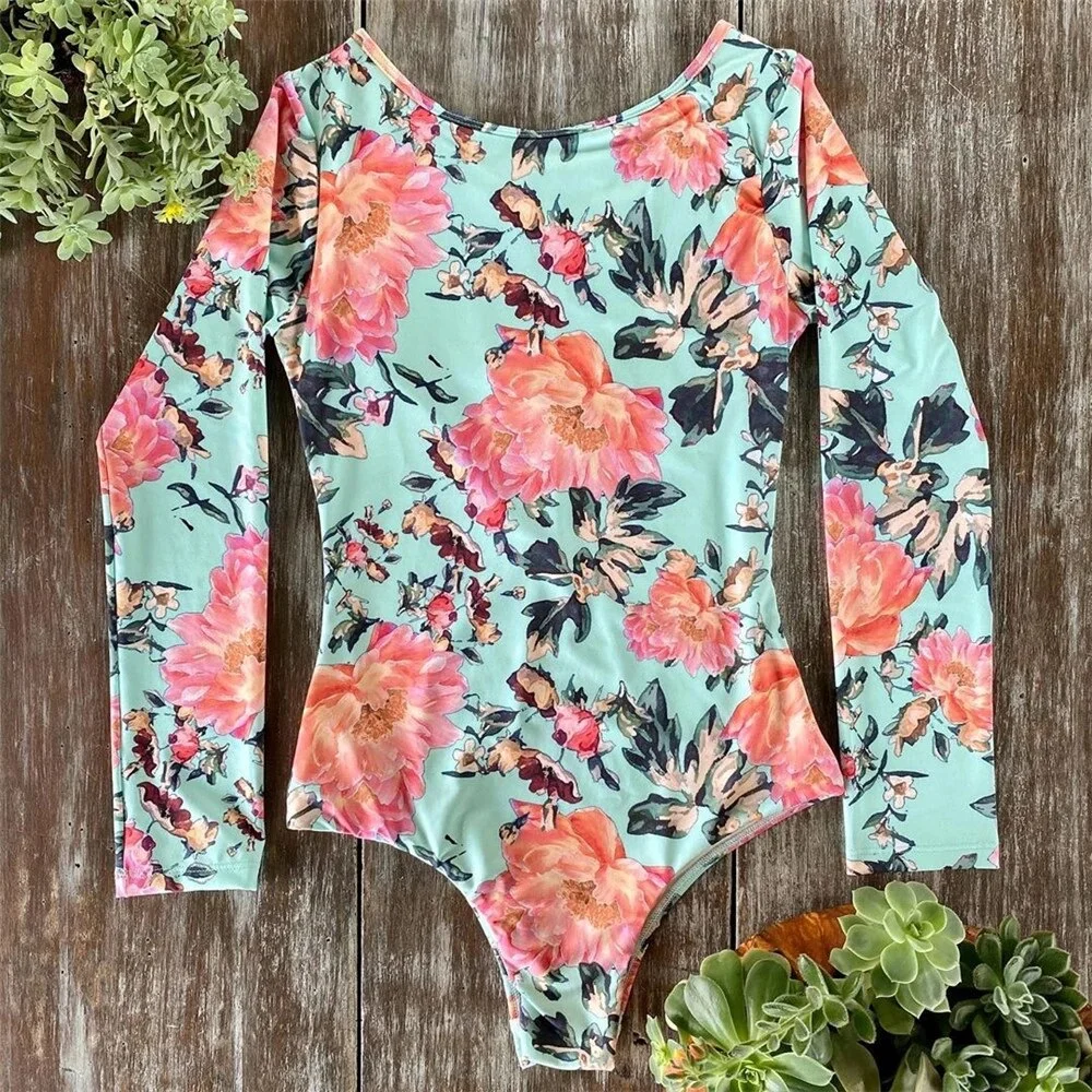Swimwear Women Print Floral 2020 New One Piece Swimsuit Long Sleeve Bathing Suit Retro Ruffle Strappy Vintage Beachwear Surfing