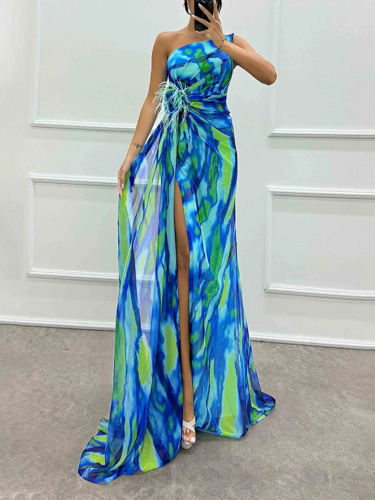 Elegant Painted Floral Print Feather Rose Maxi Dress