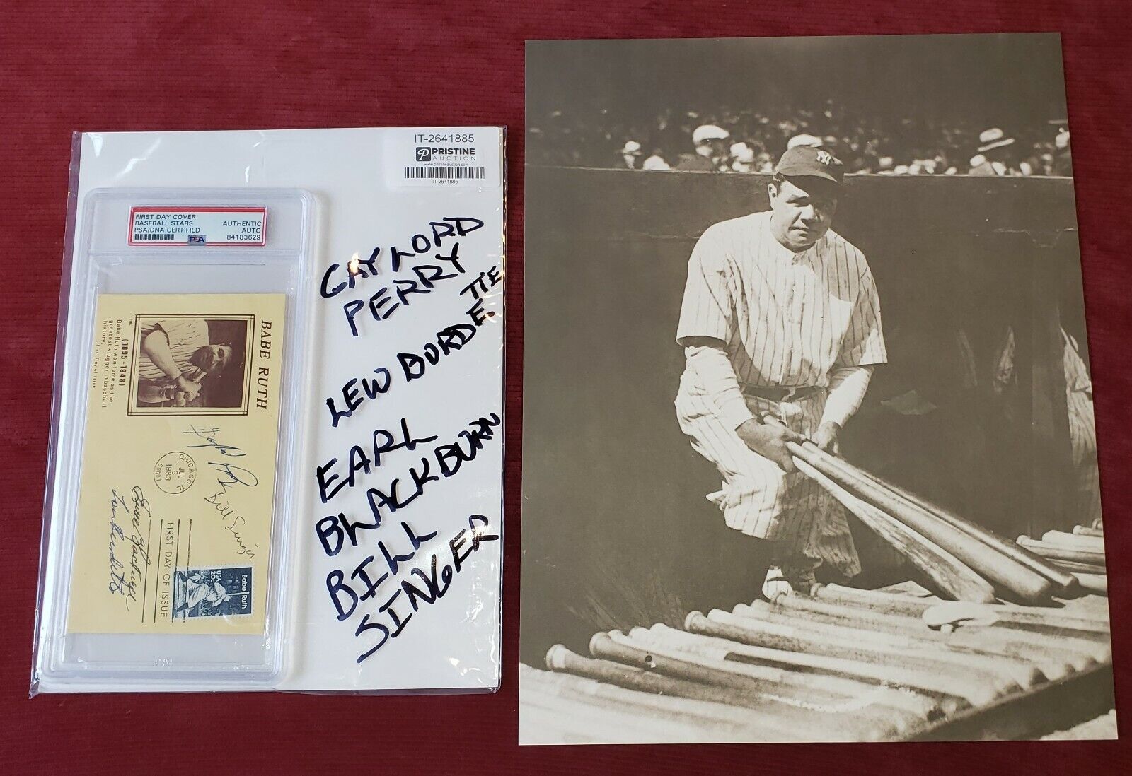 GAYLORD PERRY LEW BURDETTE BILL SINGER PSA/DNA Signed Enca11x14 Babe Ruth Photo Poster painting